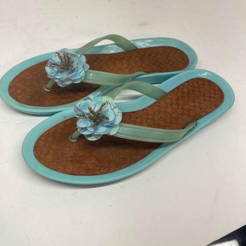 Coach Sandals Flower Thong LYRA Turquoise & Tan Jelly Signatures Flip Flops 7.5